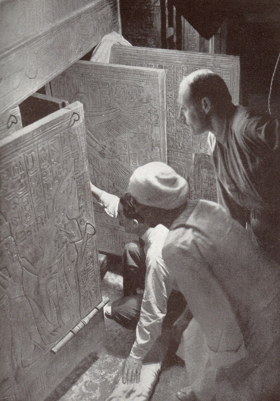 Howard Carter at the opened doors of the burial shrines, tomb of Tutankhamun