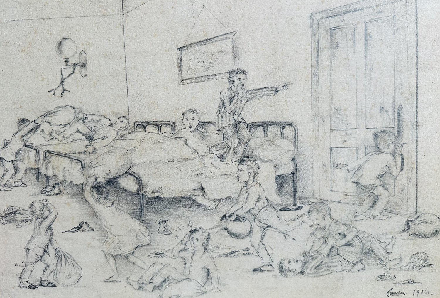 The Pillow Fight — pencil drawing by Carrie Stubbs, 1916
