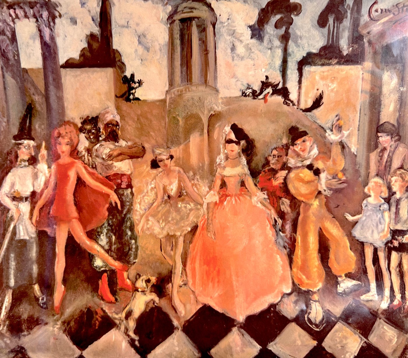 Costumes on a Chequered Floor — gouache by Carrie Stubbs